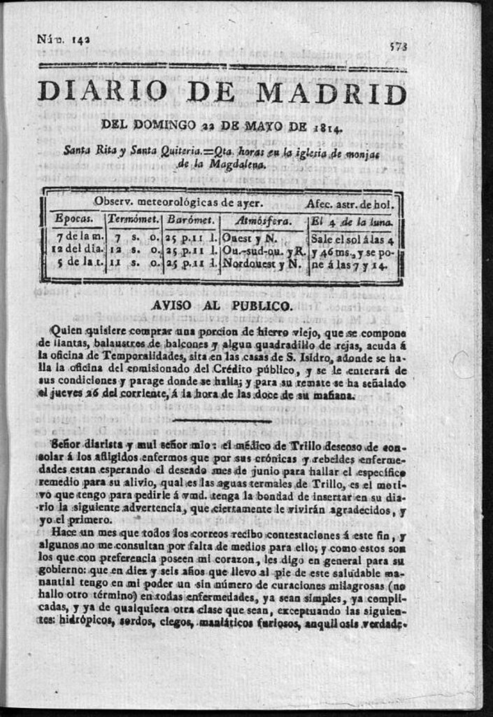 Miniatura de Diario de Madrid del domingo 22 de Mayo de 1814