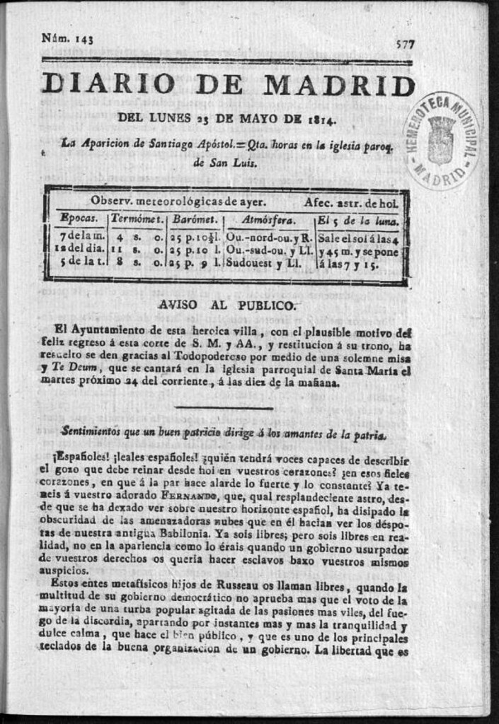 Miniatura de Diario de Madrid del lunes 23 de Mayo de 1814