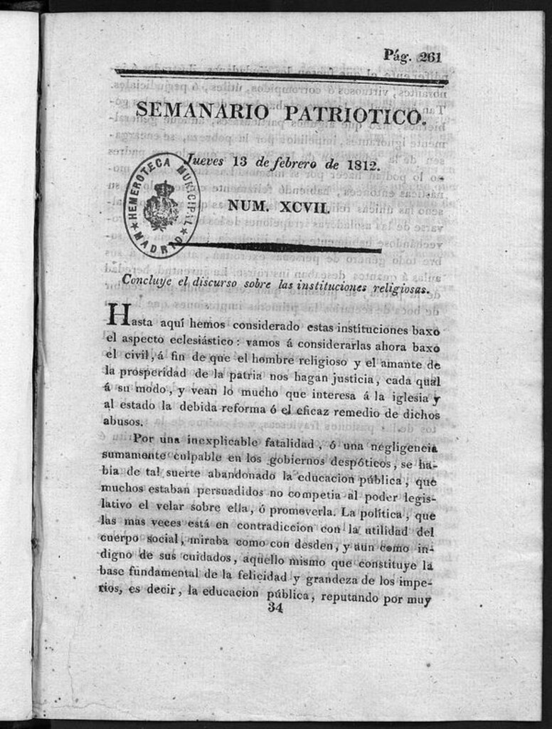 Miniatura de Semanario Patriótico. Num XCVI Jueves 13 de Febrero de 1812