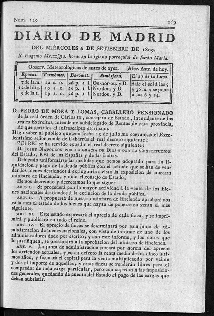 Miniatura de Diario de Madrid del miércoles 6 de Septiembre de 1809