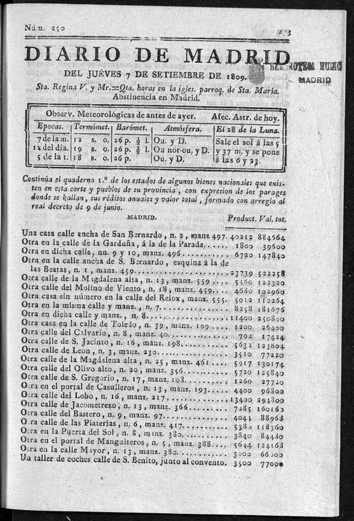 Miniatura de Diario de Madrid del jueves 7 de Septiembre de 1809