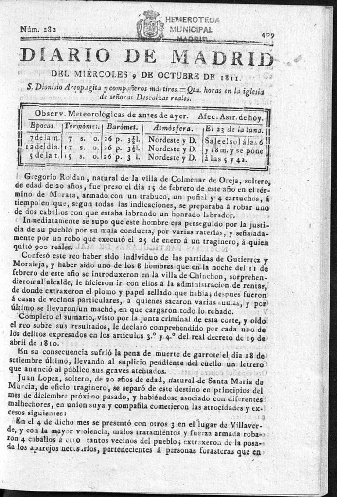 Miniatura de Diario de Madrid del miércoles 9 de Octubre de 1811