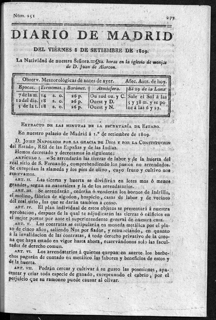 Miniatura de Diario de Madrid del viernes 8 de Septiembre de 1809