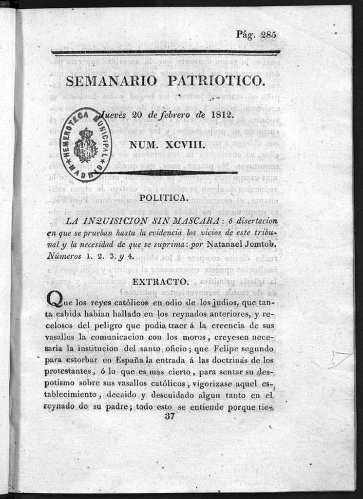 Miniatura de Semanario Patriótico. Num XCVII Jueves 20 de Febrero de 1812