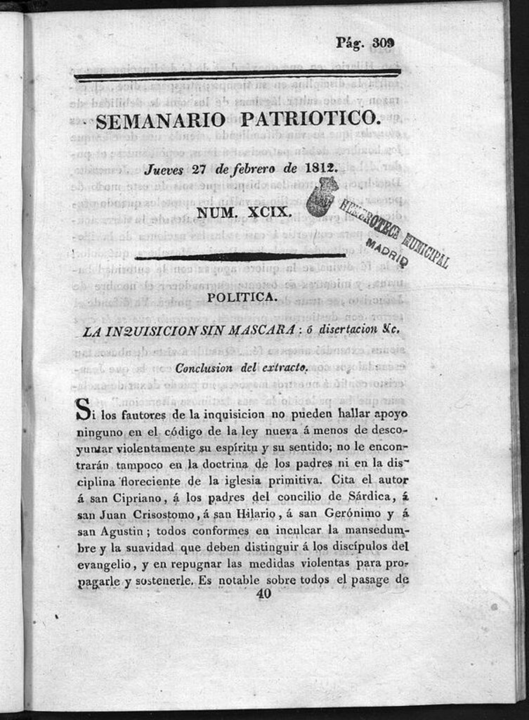 Miniatura de Semanario Patriótico. Num XCVIII Jueves 27 de Febrero de 1812