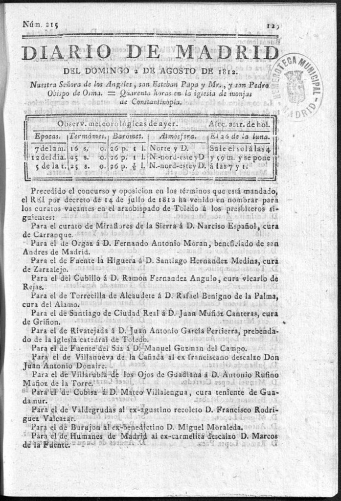 Miniatura de Diario de Madrid del domingo 2 de Agosto de 1812