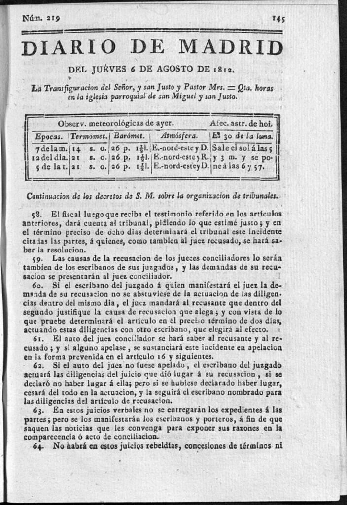 Miniatura de Diario de Madrid del jueves 6 de Agosto de 1812