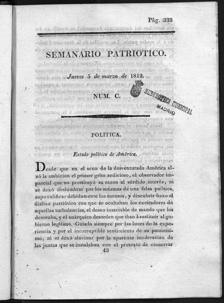 Miniatura de Semanario Patriótico. Num XCIX Jueves 5 de Marzo de 1812