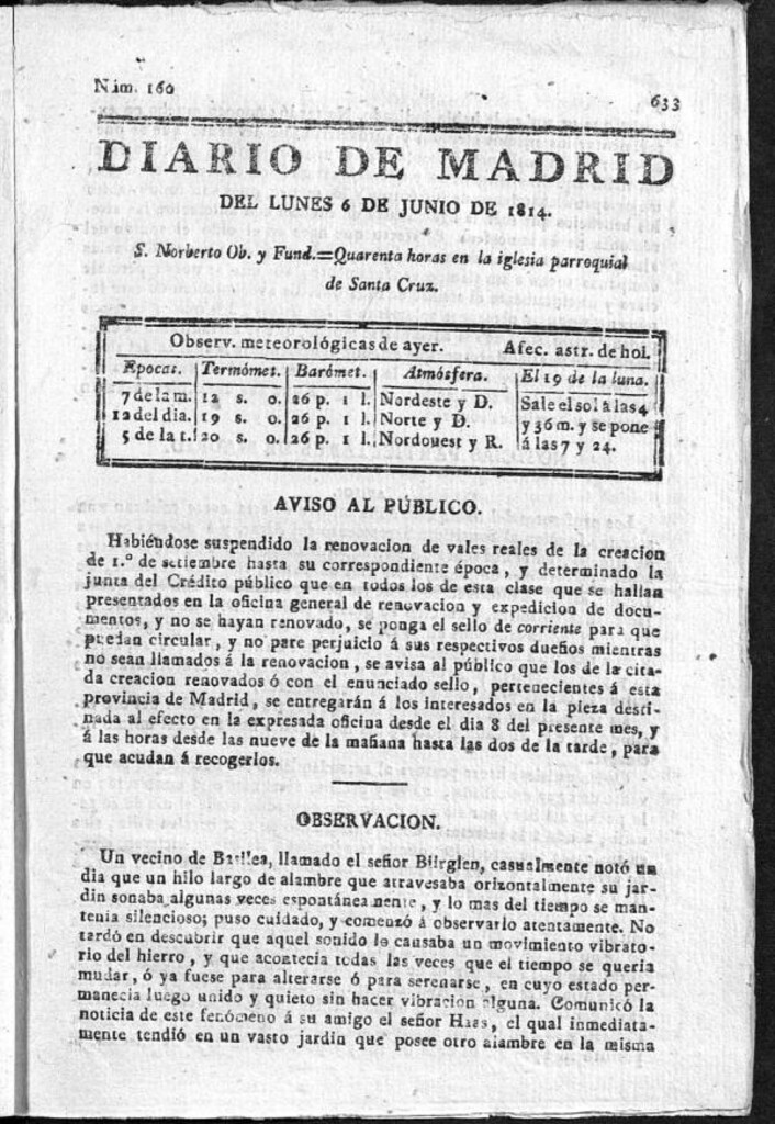 Miniatura de Diario de Madrid del lunes 6 de Junio de 1814
