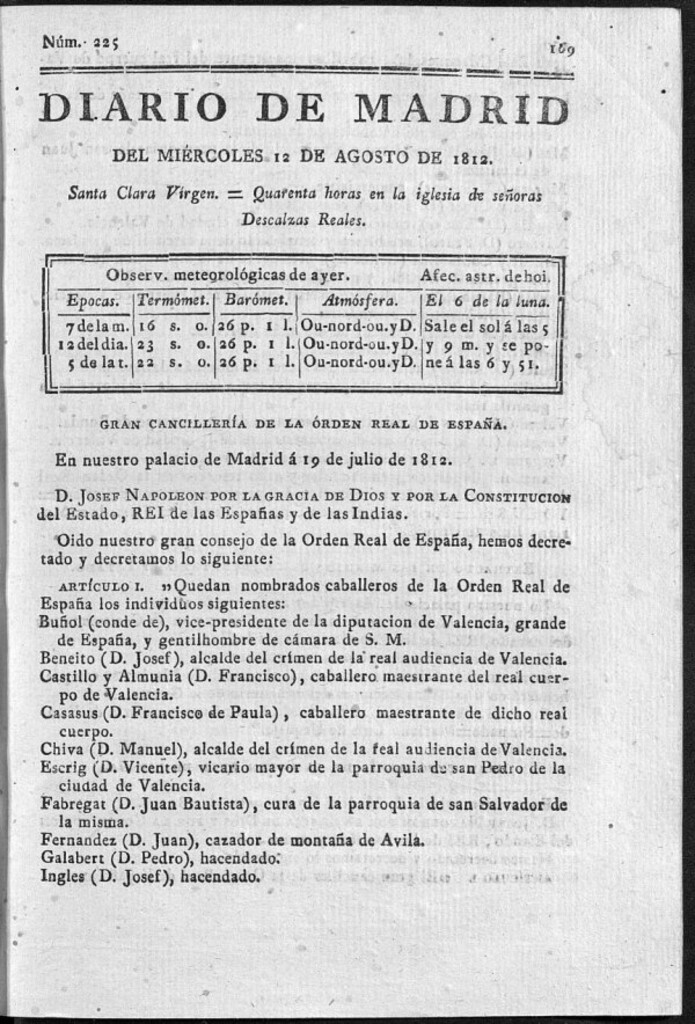 Miniatura de Diario de Madrid del miércoles 12 de Agosto de 1812