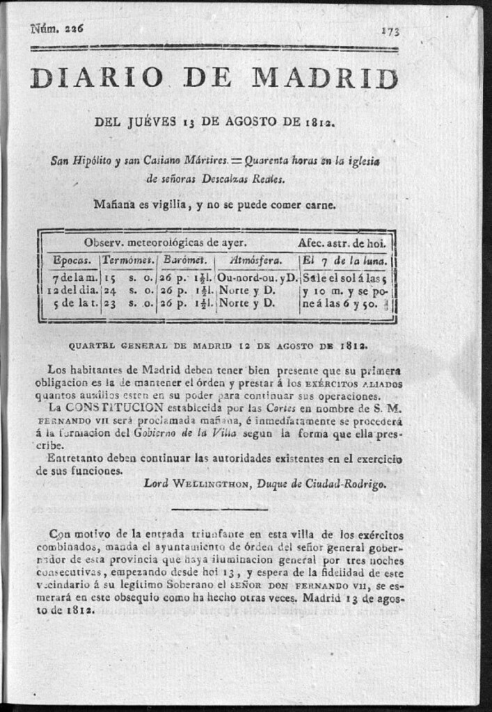 Miniatura de Diario de Madrid del jueves 13 de Agosto de 1812