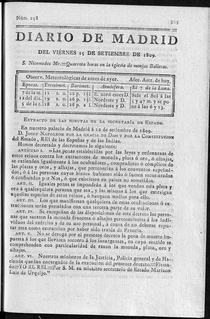Miniatura de Diario de Madrid del viernes 15 de Septiembre de 1809