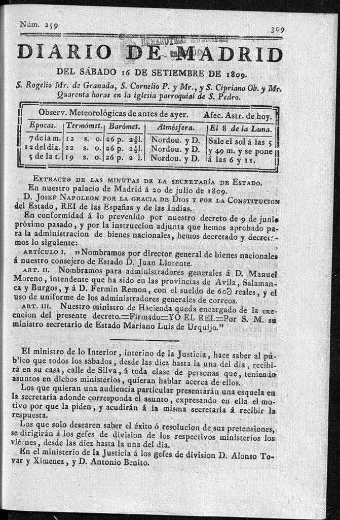 Miniatura de Diario de Madrid del sábado 16 de Septiembre de 1809