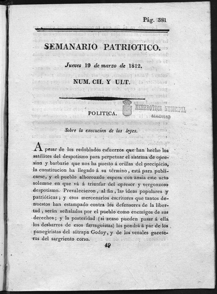 Miniatura de Semanario Patriótico. Num CI Jueves 19 de Marzo de 1812