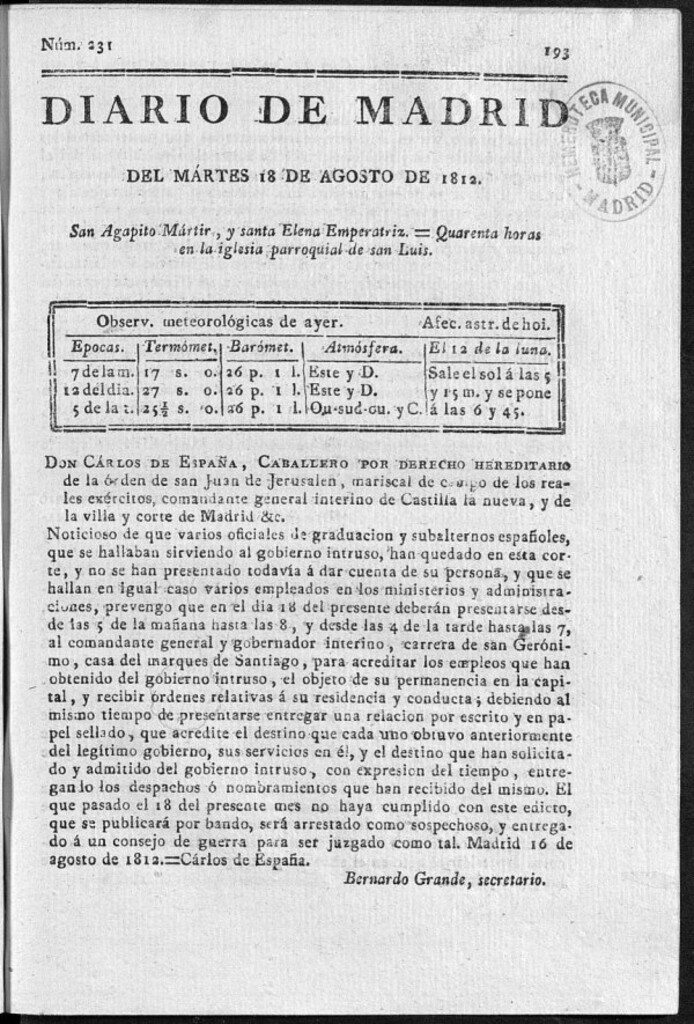 Miniatura de Diario de Madrid del martes 18 de Agosto de 1812