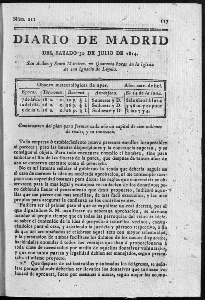 Miniatura de Diario de Madrid del sábado 30 de Julio de 1814