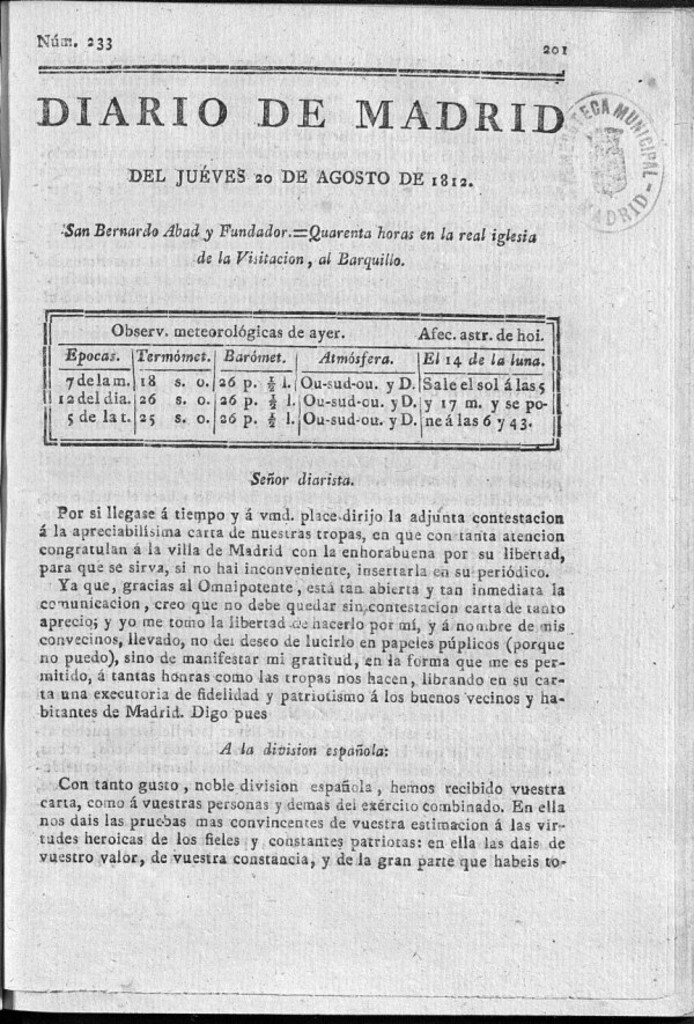 Miniatura de Diario de Madrid del jueves 20 de Agosto de 1812