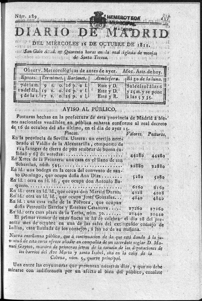 Miniatura de Diario de Madrid del miércoles 16 de Octubre de 1811
