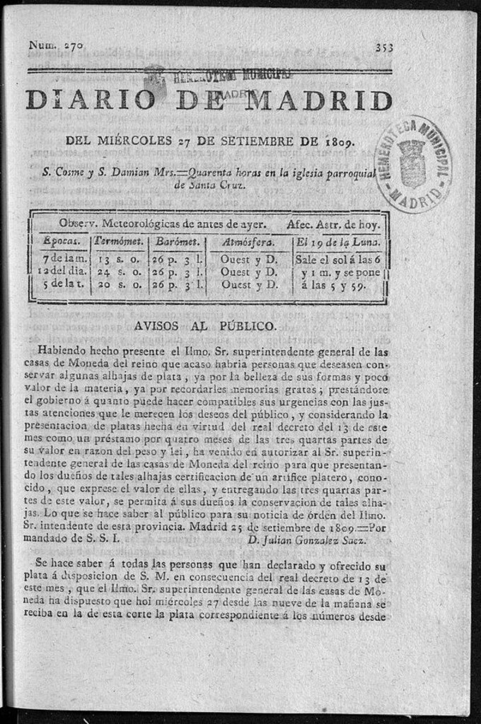 Miniatura de Diario de Madrid miércoles 27 de Septiembre de 1809