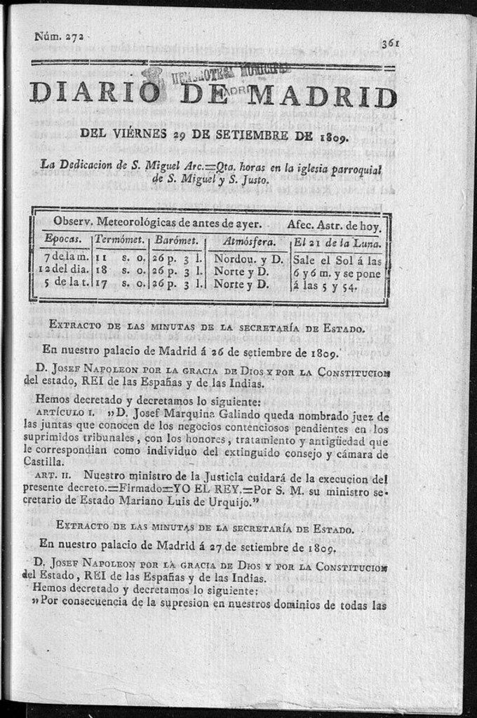 Miniatura de Diario de Madrid viernes 29 de Septiembre de 1809