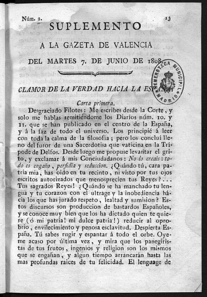 Miniatura de Gazeta de Valencia Suplemento del 7 de Junio de 1808