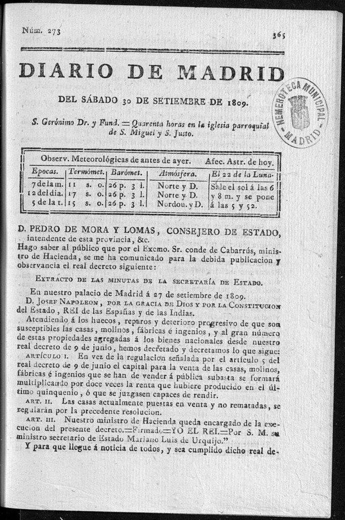 Miniatura de Diario de Madrid sábado 30 de Septiembre de 1809
