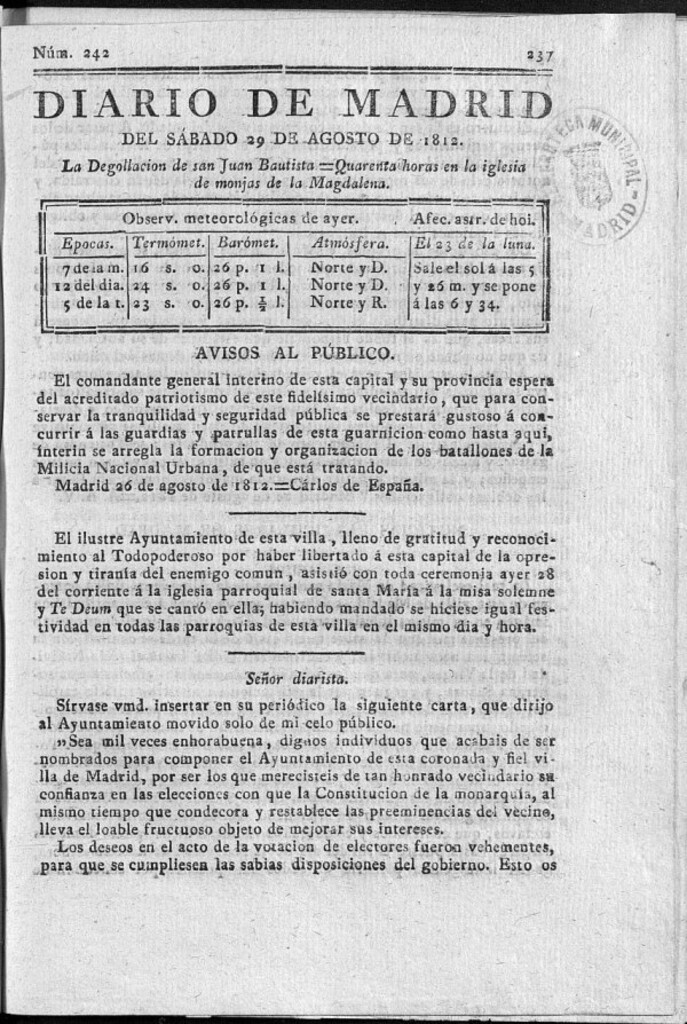 Miniatura de Diario de Madrid del sábado 29 de Agosto de 1812