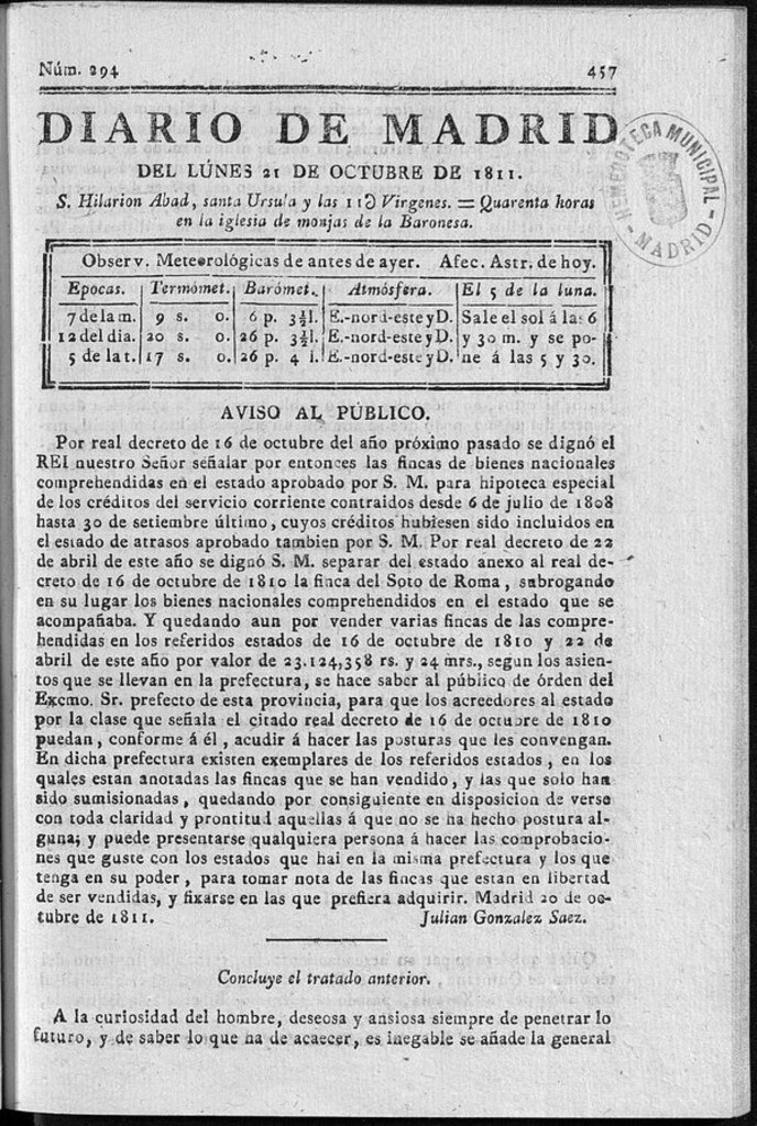 Miniatura de Diario de Madrid del lunes 21 de Octubre de 1811