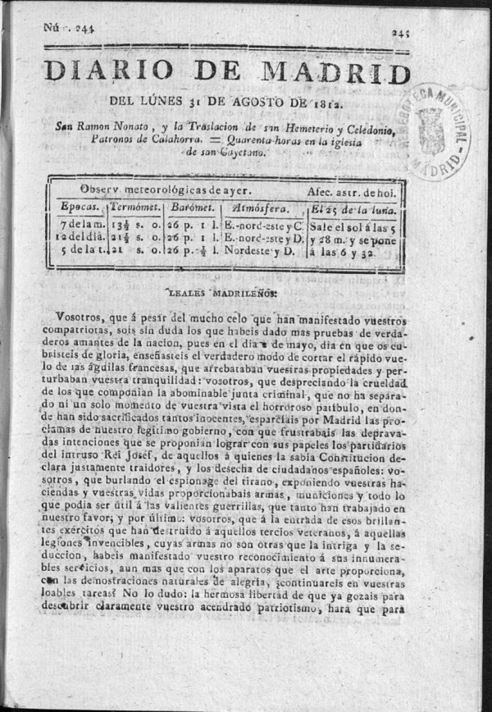 Miniatura de Diario de Madrid del lunes 31 de Agosto de 1812