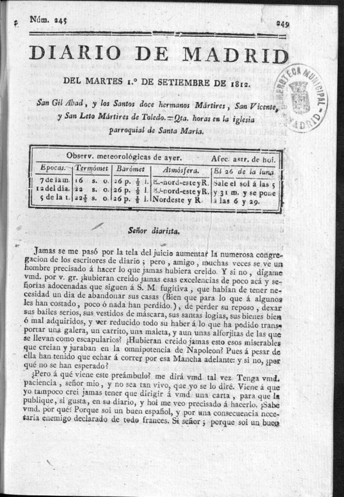 Miniatura de Diario de Madrid del martes 1 de Septiembre de 1812