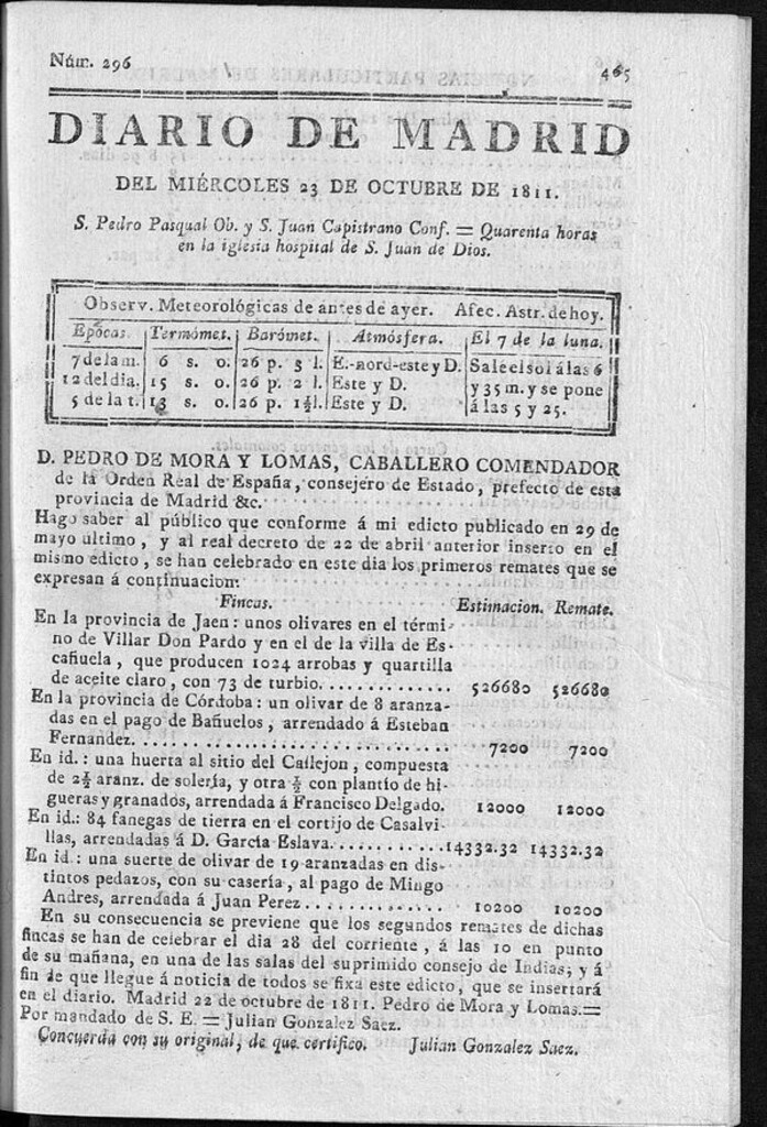 Miniatura de Diario de Madrid del miércoles 23 de Octubre de 1811