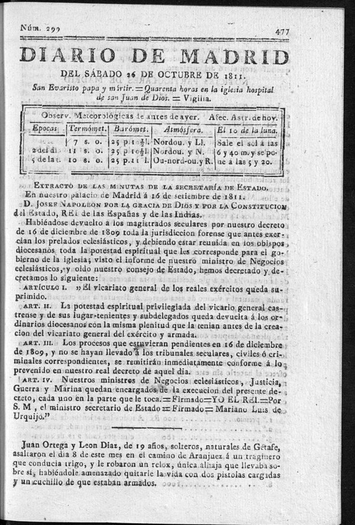Miniatura de Diario de Madrid del sábado 26 de Octubre de 1811