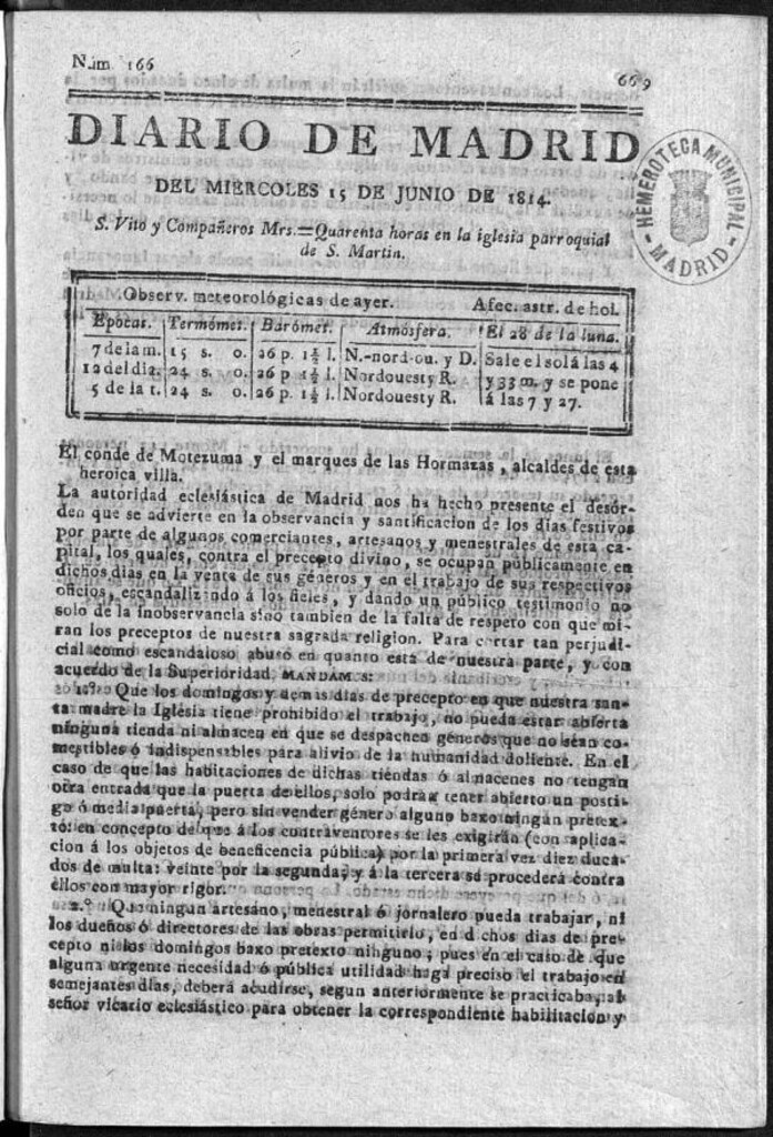 Miniatura de Diario de Madrid del miércoles 15 de Junio de 1814