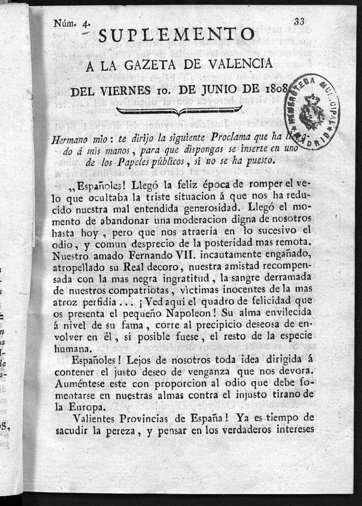 Miniatura de Gazeta de Valencia Suplemento del 10 de Junio de 1808