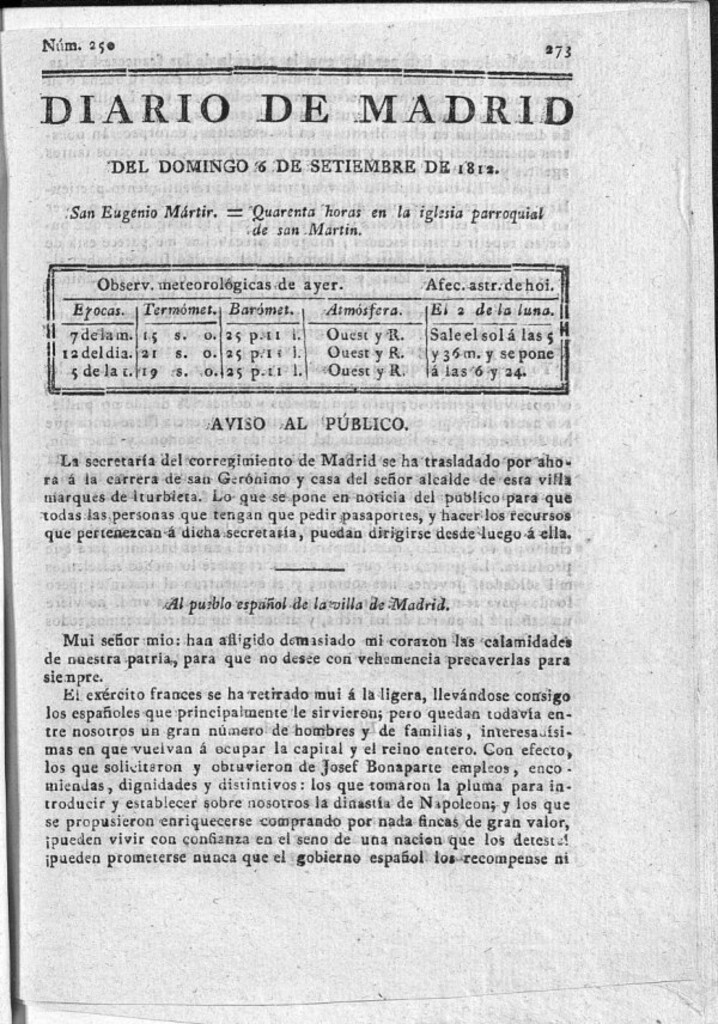 Miniatura de Diario de Madrid del domingo 6 de Septiembre de 1812