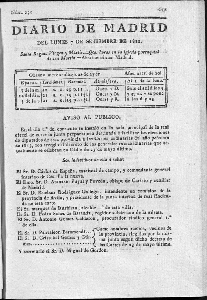 Miniatura de Diario de Madrid del lunes 7 de Septiembre de 1812