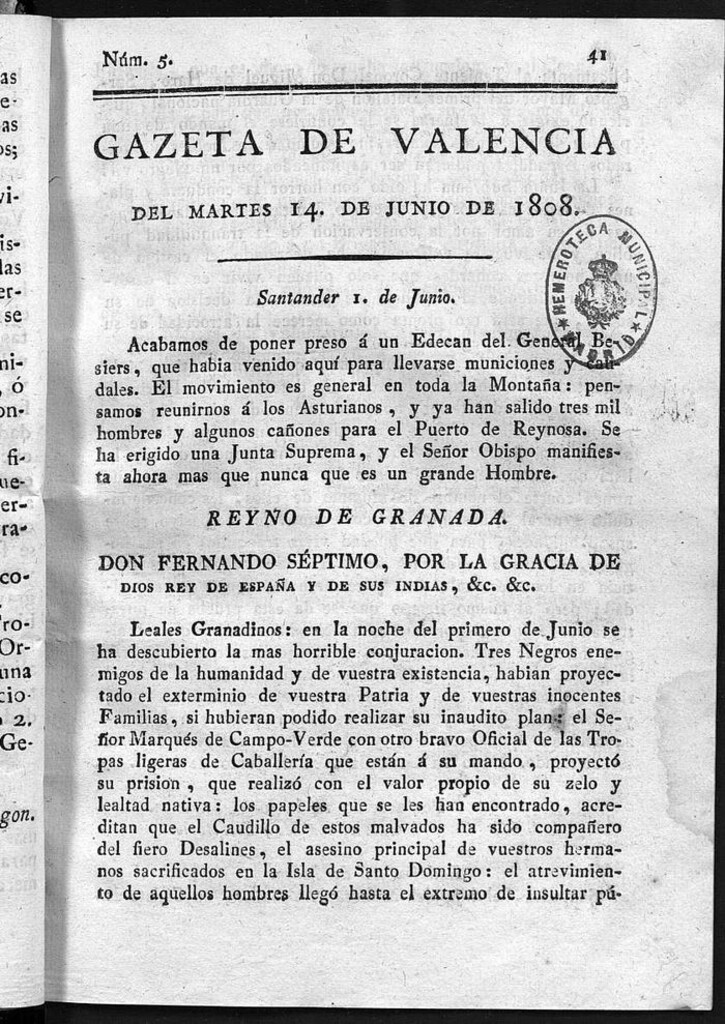 Miniatura de Gazeta de Valencia del 14 de Junio de 1808