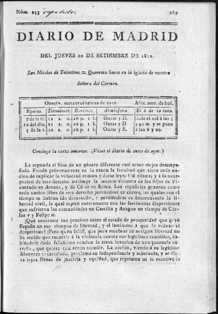 Miniatura de Diario de Madrid del jueves 10 de Septiembre de 1812
