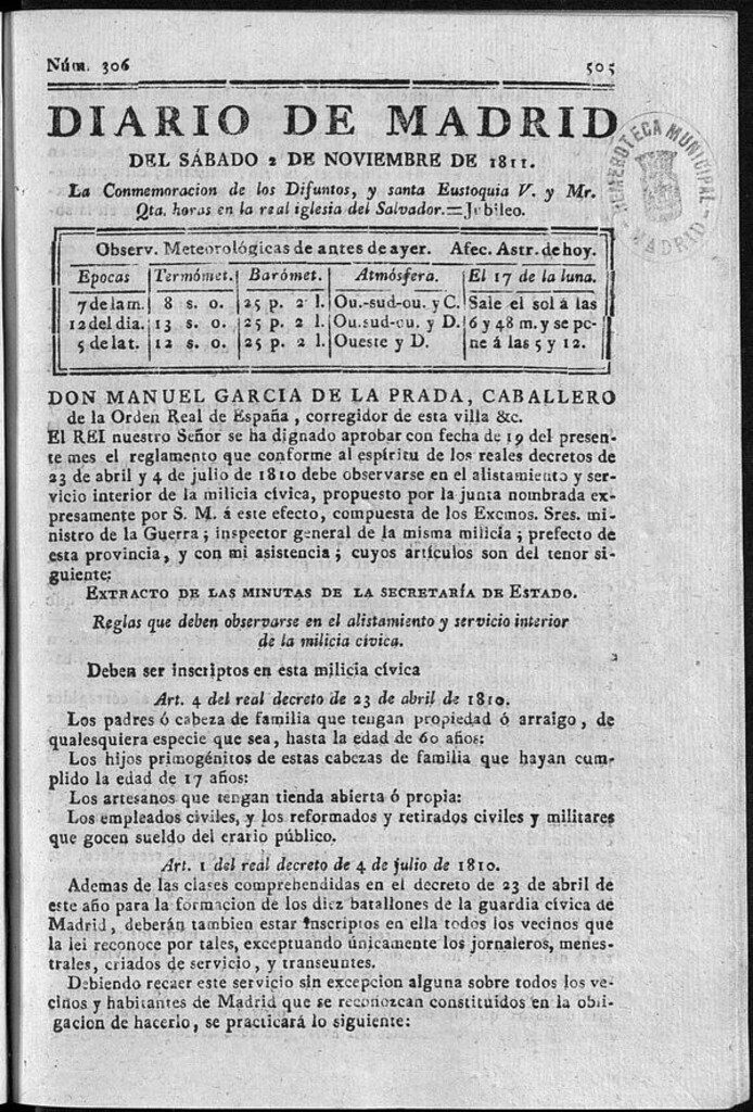 Miniatura de Diario de Madrid del sábado 2 de Noviembre de 1811