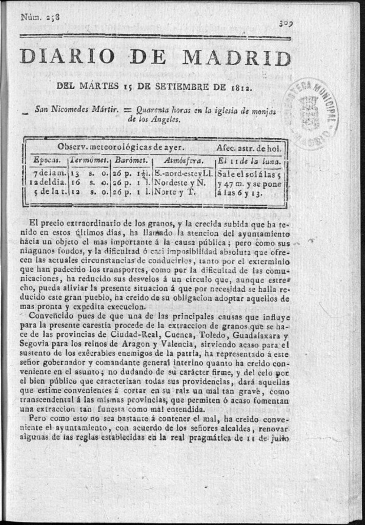 Miniatura de Diario de Madrid del martes 15 de Septiembre de 1812