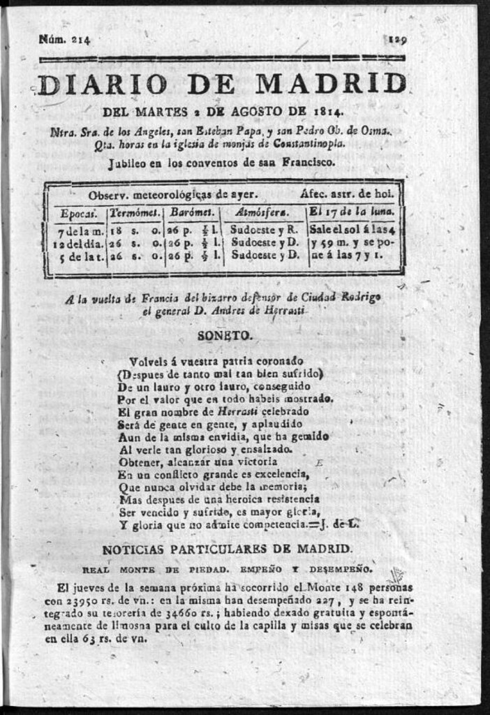 Miniatura de Diario de Madrid del martes 2 de Agosto de 1814