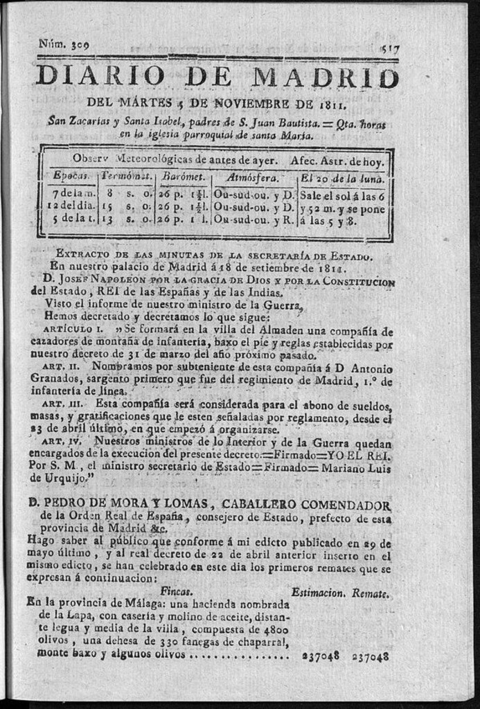 Miniatura de Diario de Madrid del martes 5 de Noviembre de 1811