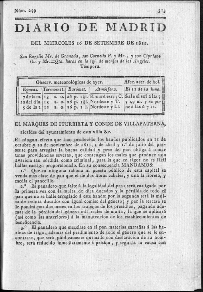 Miniatura de Diario de Madrid del miércoles 16 de Septiembre de 1812