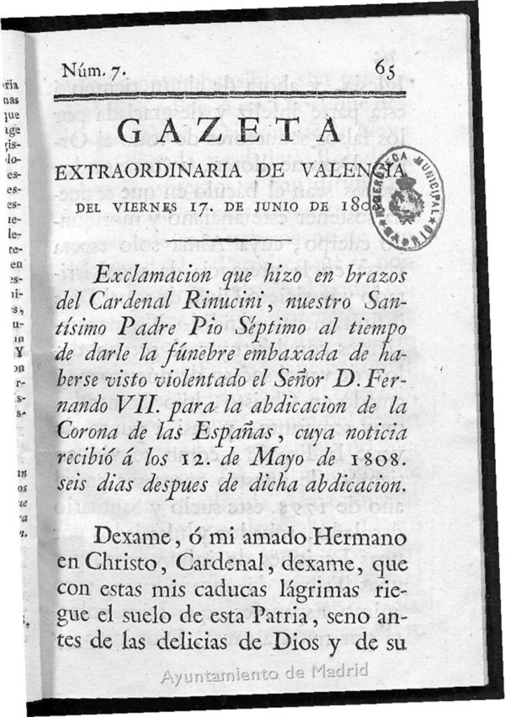 Miniatura de Gazeta Extraordinaria de Valencia del 17 de Junio de 1808