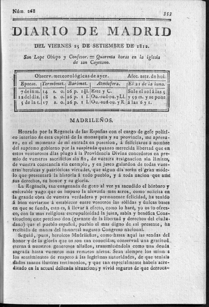 Miniatura de Diario de Madrid del viernes 25 de Septiembre de 1812