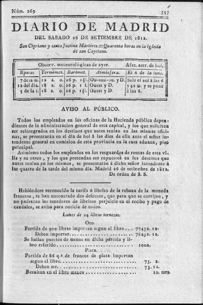 Miniatura de Diario de Madrid del sábado 26 de Septiembre de 1812