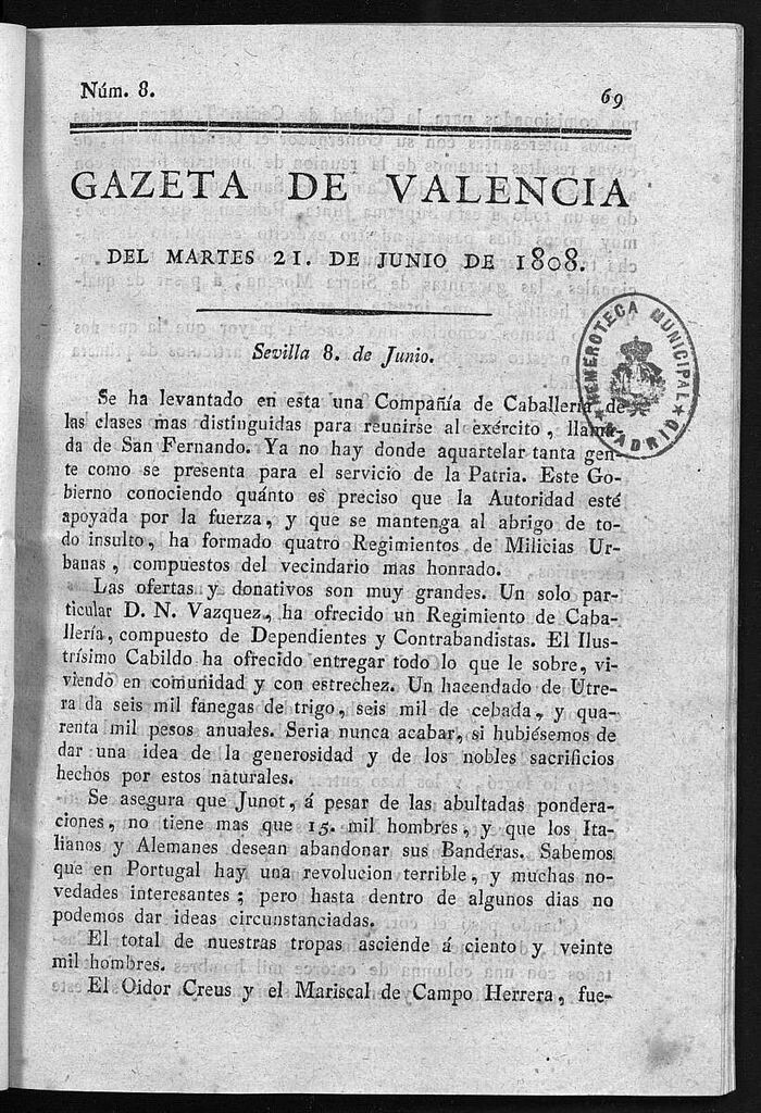 Miniatura de Gazeta de Valencia del 21 de Junio de 1808
