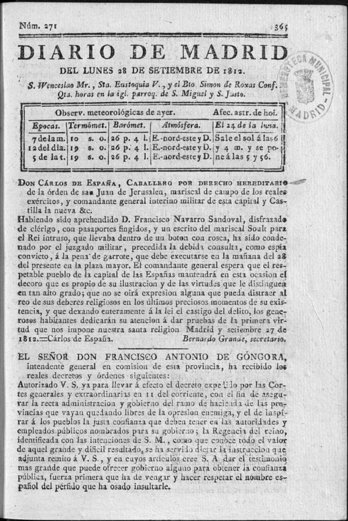 Miniatura de Diario de Madrid del lunes 28 de Septiembre de 1812