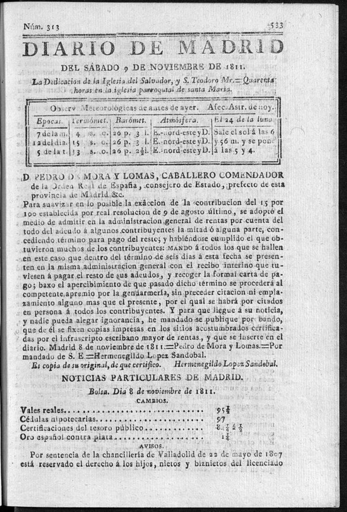 Miniatura de Diario de Madrid del sábado 9 de Noviembre de 1811