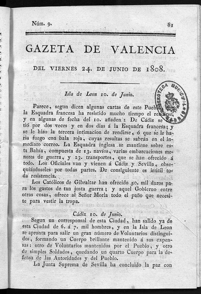 Miniatura de Gazeta de Valencia del 24 de Junio de 1808